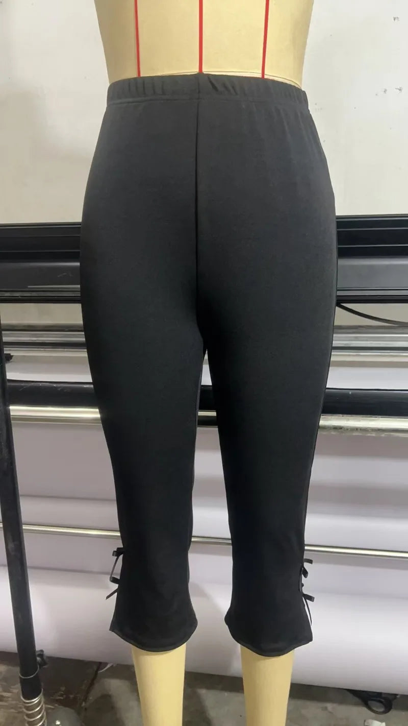 Women's Y2K Cute Capri Pants Solid Color Satin Bow Decor Side Split Summer Slim CroppedTrousers Stretch Crop Leggings
