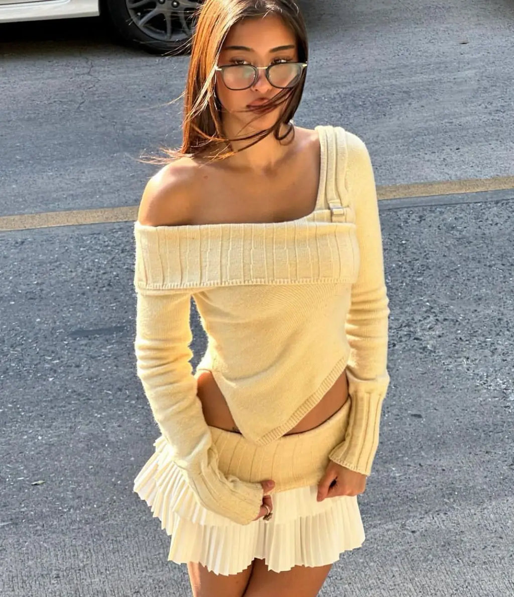 Knit Color Block Mini Skirt High Waisted Pleated