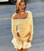 Knit Color Block Mini Skirt High Waisted Pleated