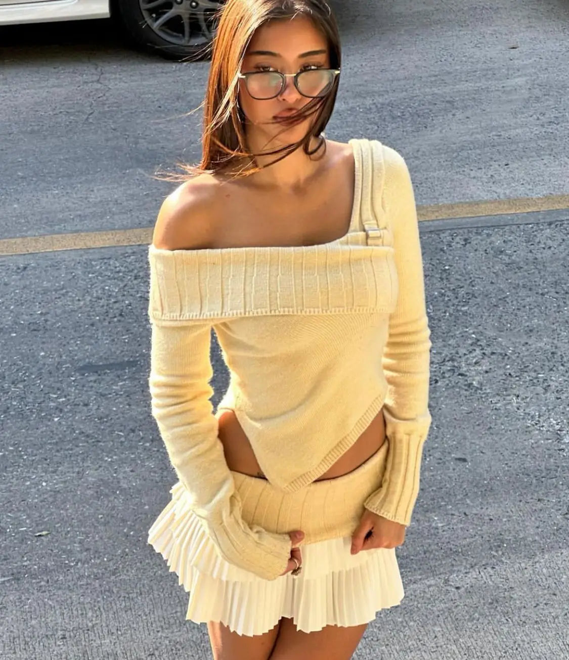 Knit Color Block Mini Skirt High Waisted Pleated