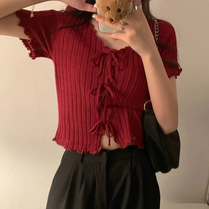 Soft Knit V Neck Cropped Ribbed Short Sleeve Tee