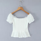 Women Sweet Lace Patchwork Bow Tied Blouses French Slash Neck Short Sleeve