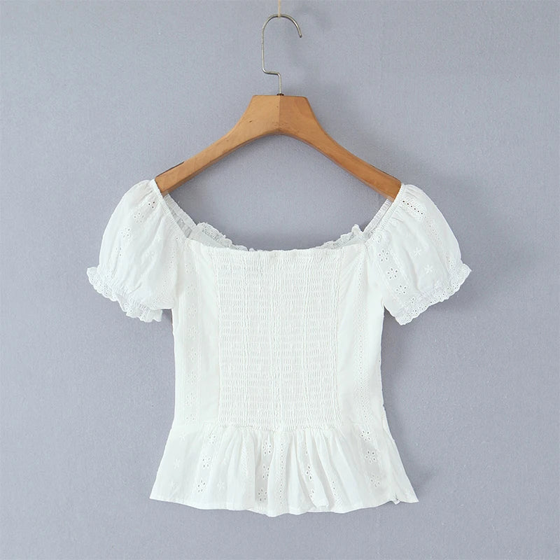 Women Sweet Lace Patchwork Bow Tied Blouses French Slash Neck Short Sleeve