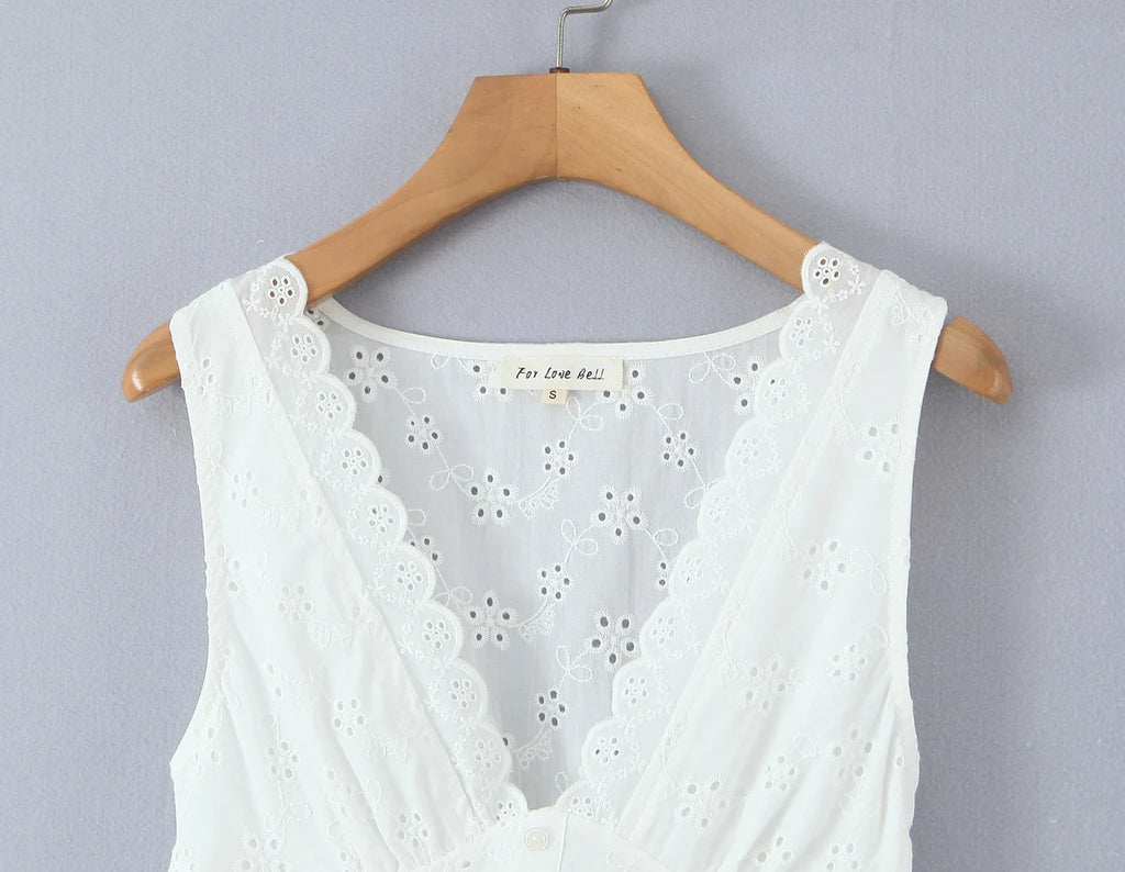 White Embroidered Lace V Neck Mini Dress With Hollow Out Detail And Back Zipper Closure