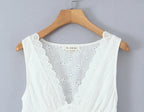 White Embroidered Lace V Neck Mini Dress With Hollow Out Detail And Back Zipper Closure