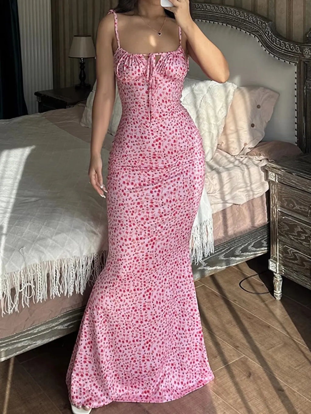 Floral Midi Dress With Spaghetti Straps And V Neck