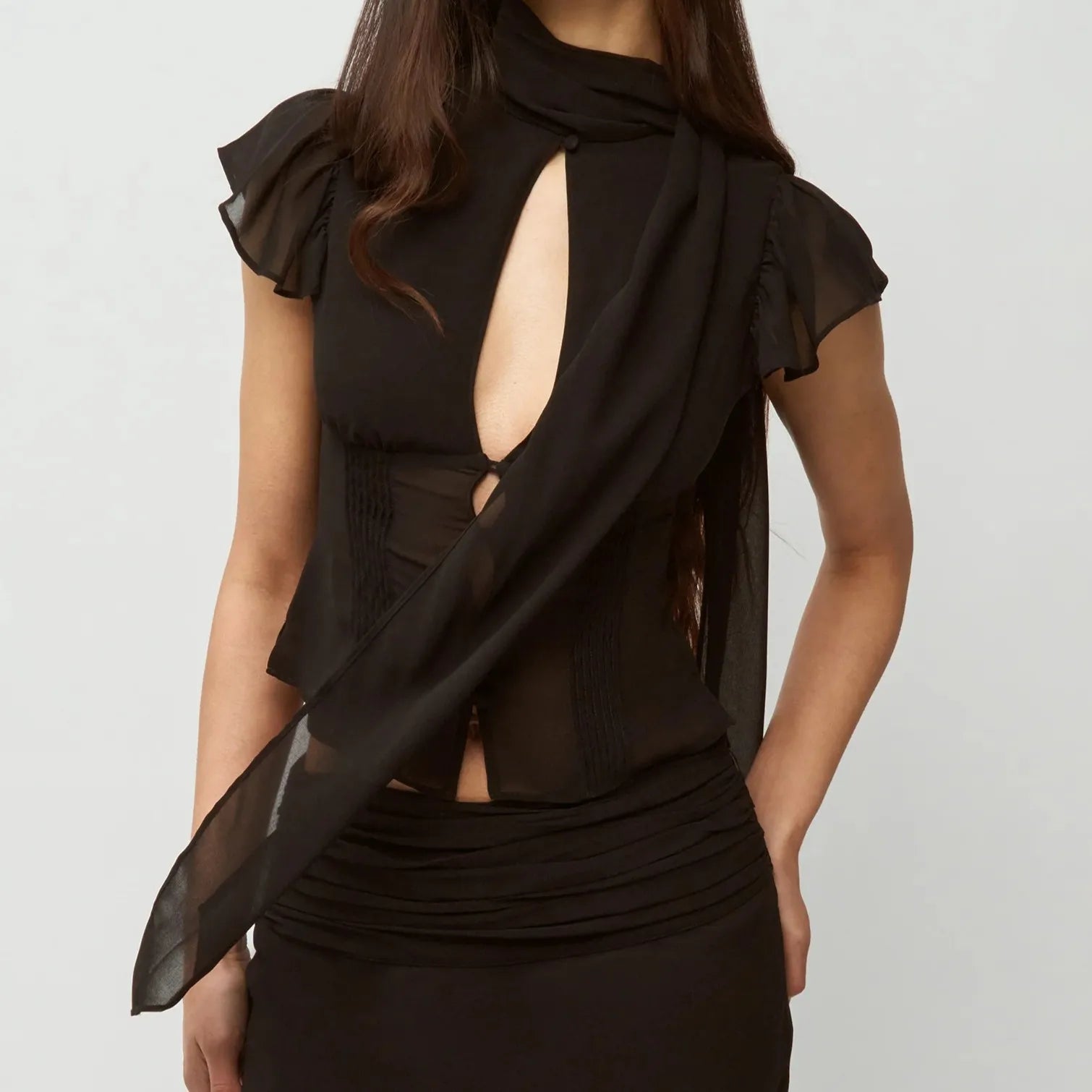 Sheer French-Style Chiffon Shirt with Ribbon Stand Collar Hollow-Out Front Placket Buttoned Waist-Cinching Short Top with Small Flutter Sleeves