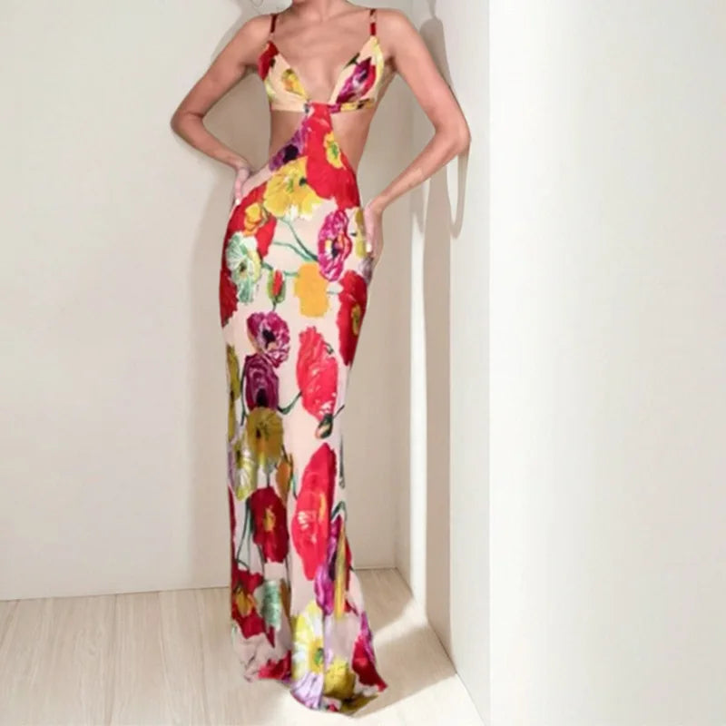 Romantic Garden Party Floral Maxi Dress With V Neckline