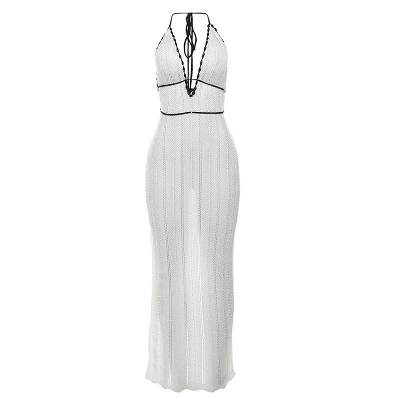 Backless Halter Dress in Color Block Lace Up