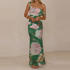 Elegant Floral Mesh Maxi Dress Sleeveless With Slash Collar