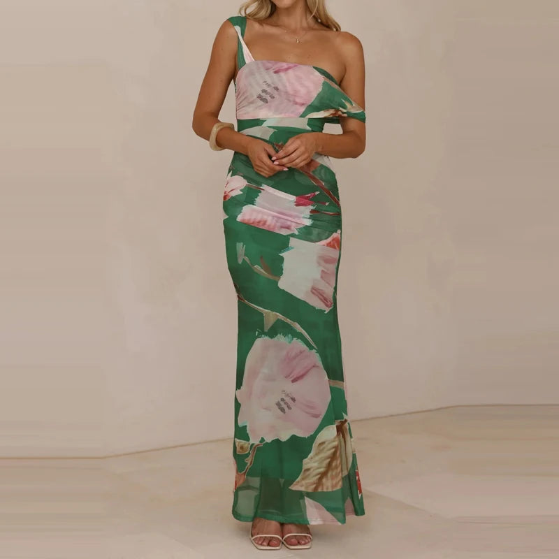 Elegant Floral Mesh Maxi Dress Sleeveless With Slash Collar