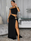 Gold Brooch Top And Maxi Skirt Set With Ruched Detail And High Slit