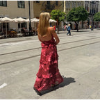 Boho Floral Halter Maxi Dress With Cutout And Tiered Ruffles Sleeveless