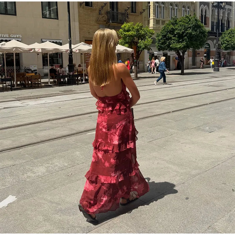 Boho Floral Halter Maxi Dress With Cutout And Tiered Ruffles Sleeveless