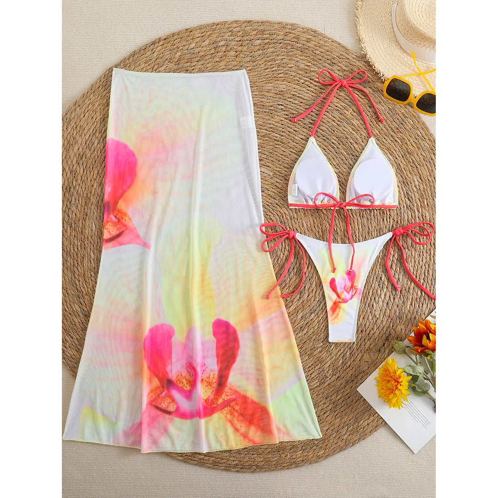 Flowers Printed With Skirt Halter Bikini Three-pieces Bikini set