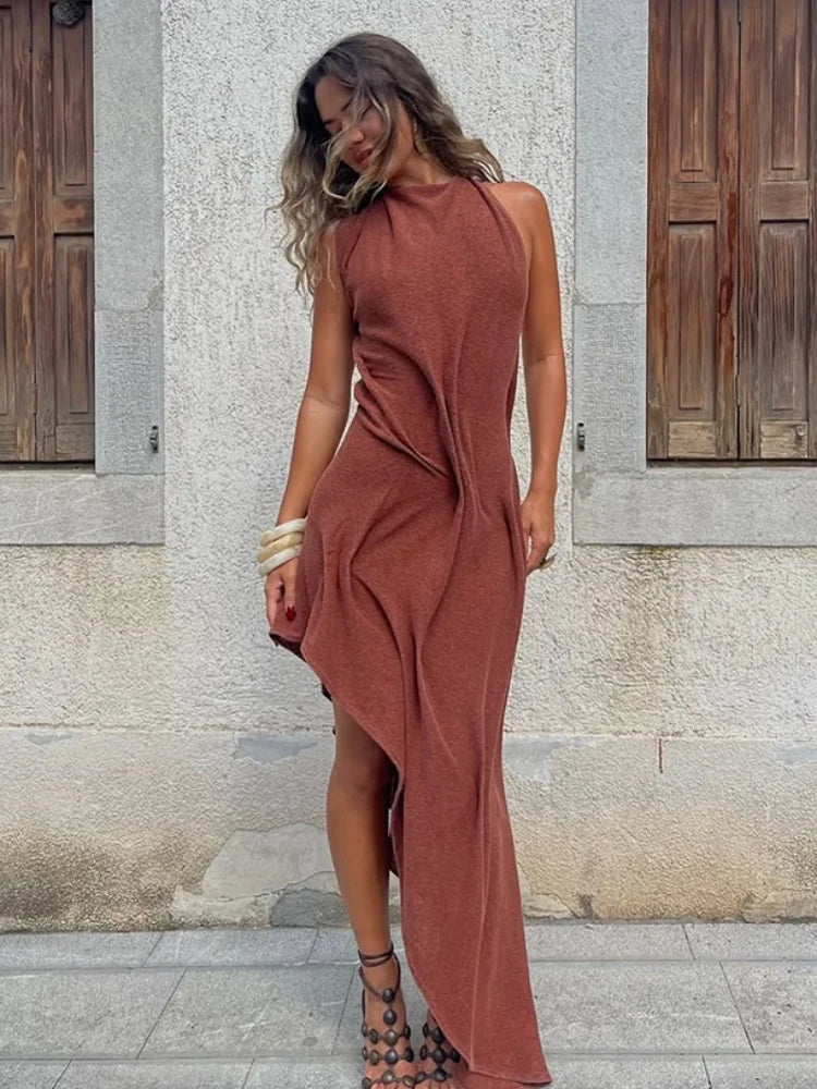 Chic Backless Off Shoulder Pleated Knee Length Dress With Irregular Silhouette