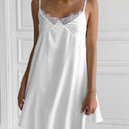 Sexy White Spaghetti Strap Short Lace Pullover Ruched Backless Nightgown