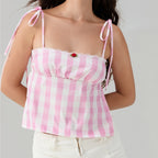Sweet Open Back Camisole With Shirred Tie Up Spaghetti Straps Lace Trim And Square Neck