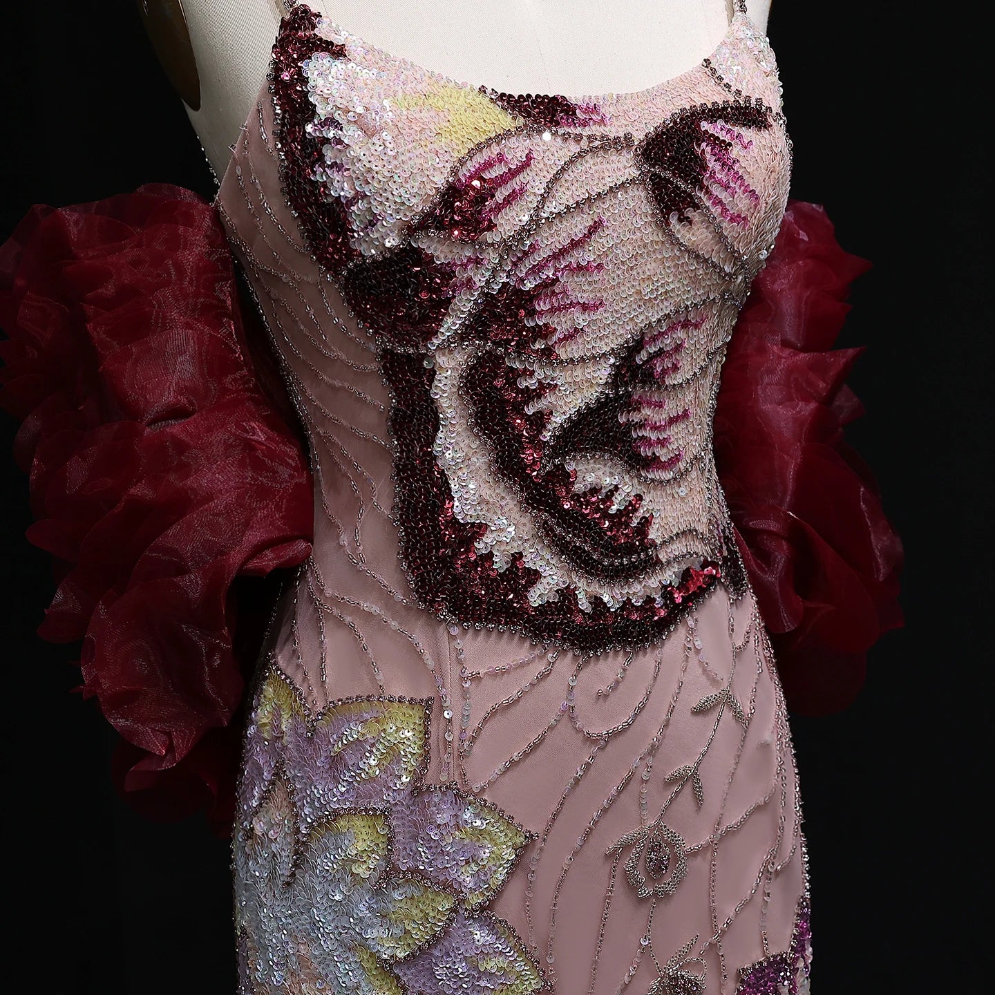 Elegant Pink Floral Beaded Evening Dress With Burgundy Shawl Cape For Women Party Gown