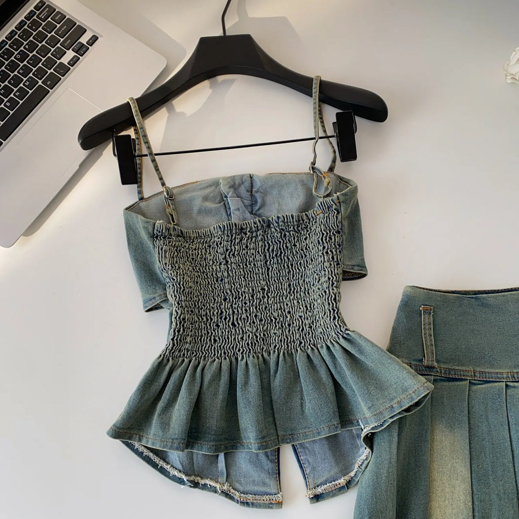 Denim Set With Sleeveless Cami Top And Mini Skirt Slim Fit Zipper