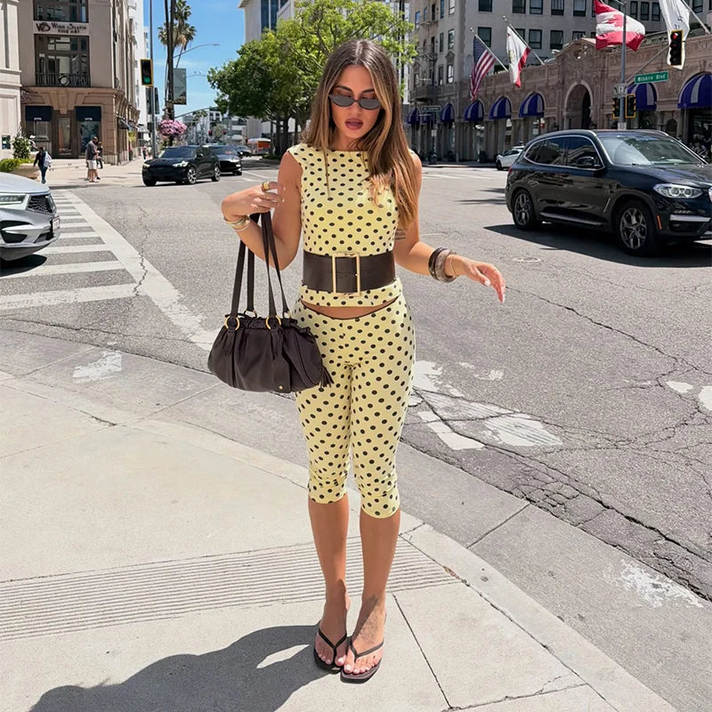 Retro Yellow Polka Dot Open Back Sleeveless Top And Capri Pants Set High Waist