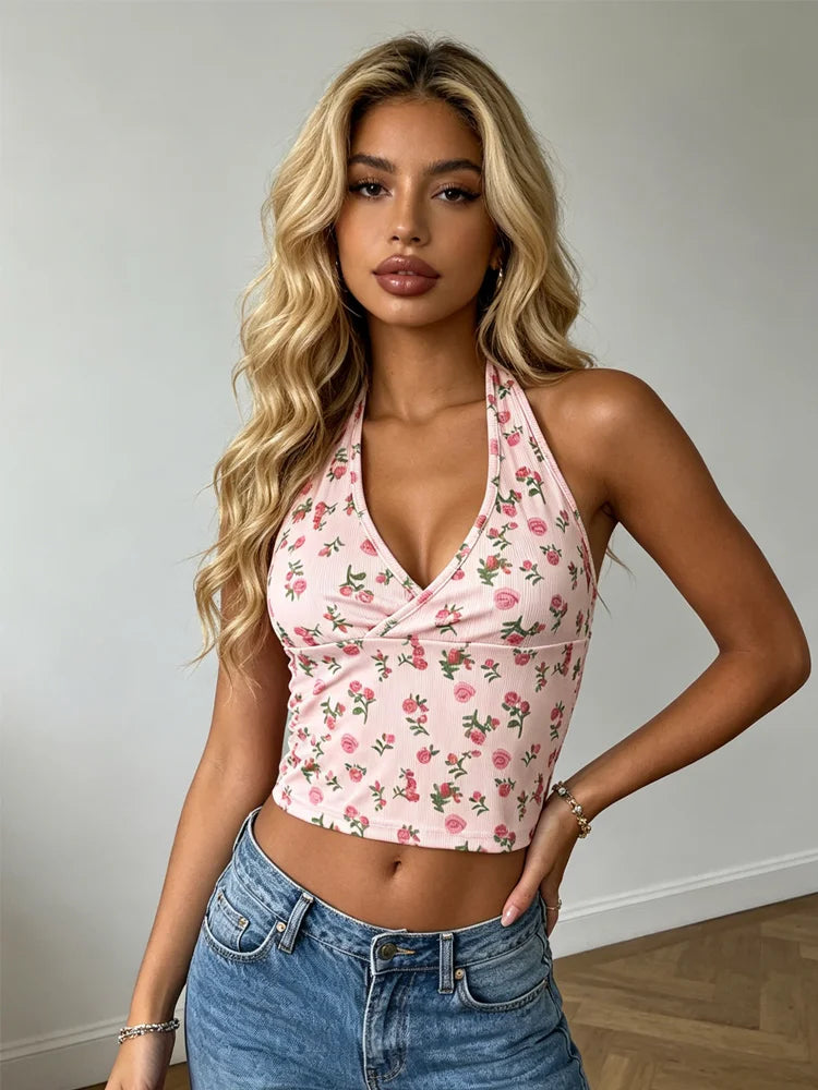 Rose Print Backless Tank Top With Slim Fit Crop