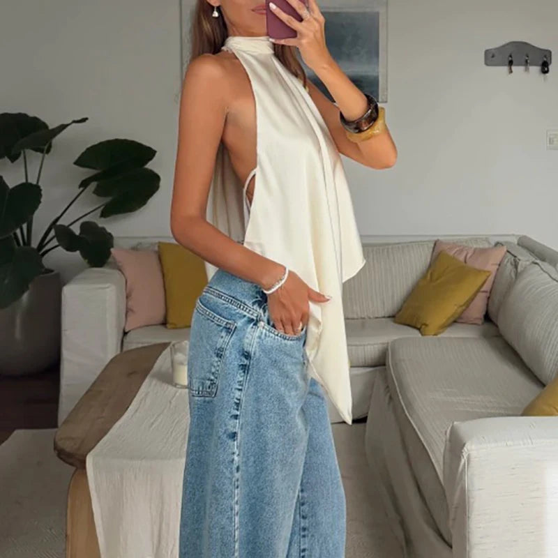 Backless Hollow Out Halter Tank Top With Pleated Detail