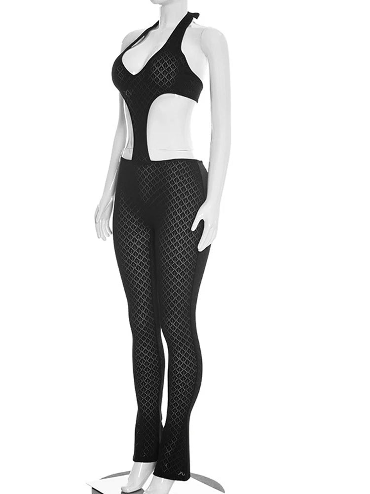 Black Crochet Cutout Jumpsuit Halter Backless See Through High Waist
