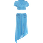 Velvet two piece Set for Women With V Neck Crop Top Ruched Ribbon Patchwork Irregular Hem