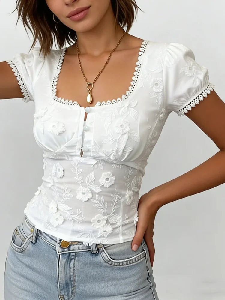 Romantic Lace Trim Hollow Out Top With Square Neck