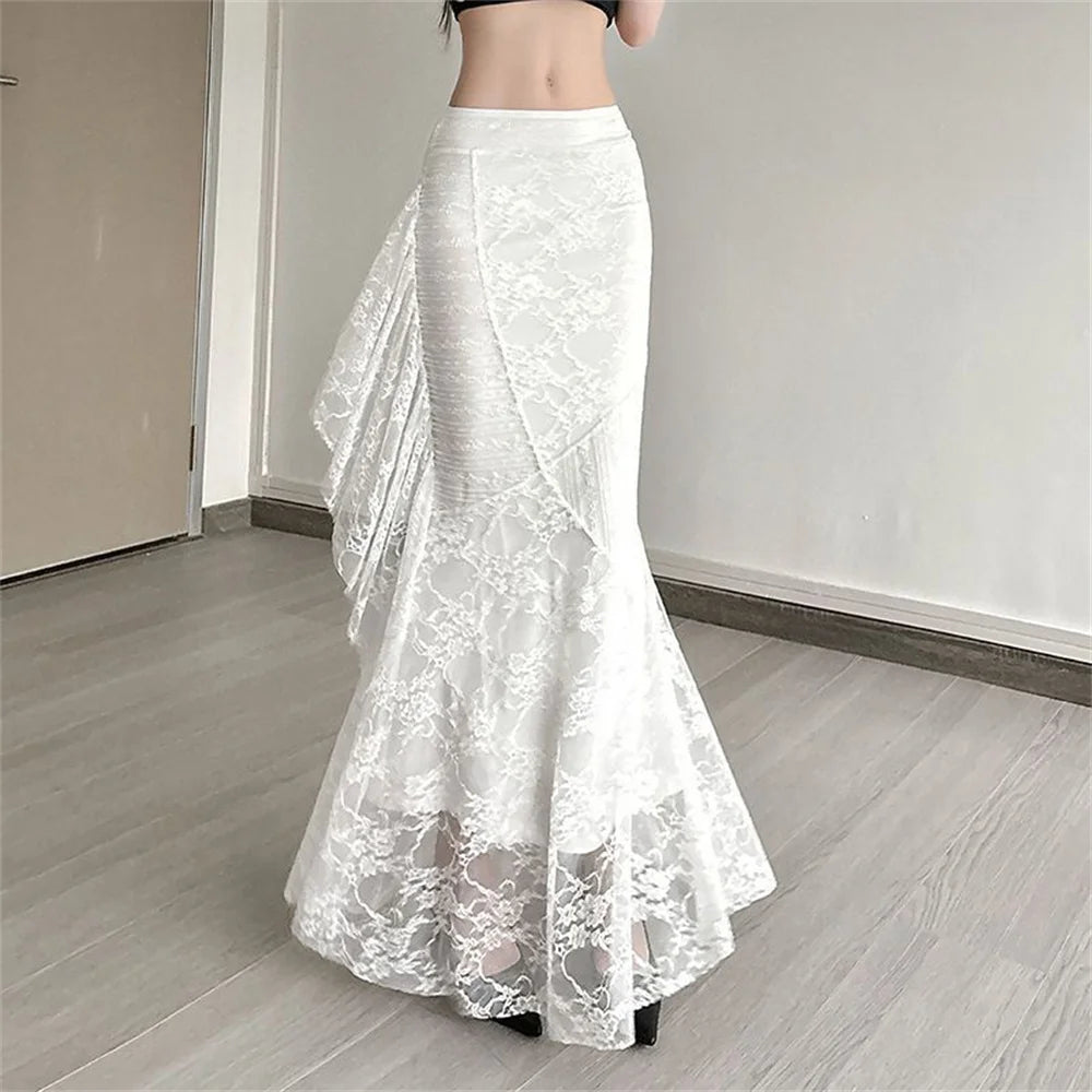 Patchwork Lace Pleated Skirt With High Waist Irregular Hem Cream Ruched Elegance