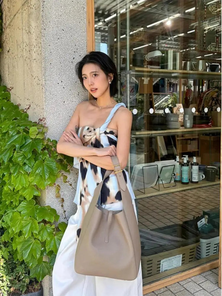 Boho Strapless Camisole Top With Knot Ribbon Patchwork Off Shoulder Tank
