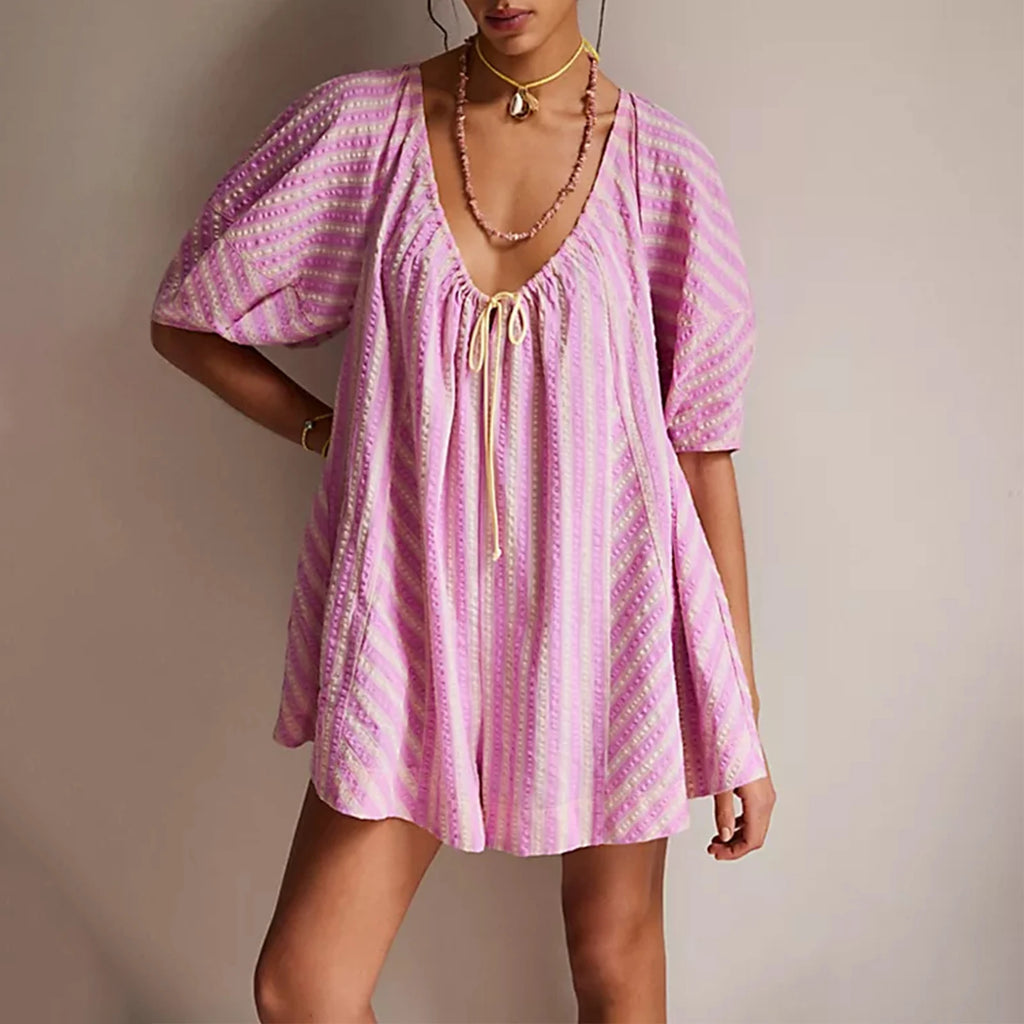 Y2k Rompers Sexy Loose Puff Sleeve V Neck Striped Jumpsuits Shorts Overalls Dress