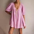 Y2k Rompers Sexy Loose Puff Sleeve V Neck Striped Jumpsuits Shorts Overalls Dress