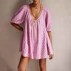 Y2k Rompers Sexy Loose Puff Sleeve V Neck Striped Jumpsuits Shorts Overalls Dress
