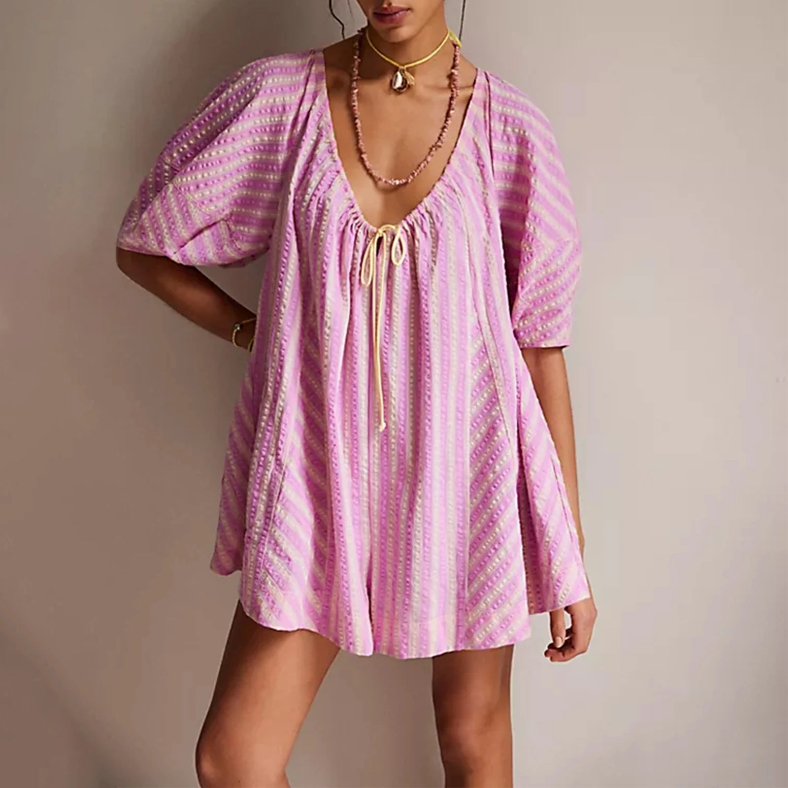 Y2k Rompers Sexy Loose Puff Sleeve V Neck Striped Jumpsuits Shorts Overalls Dress