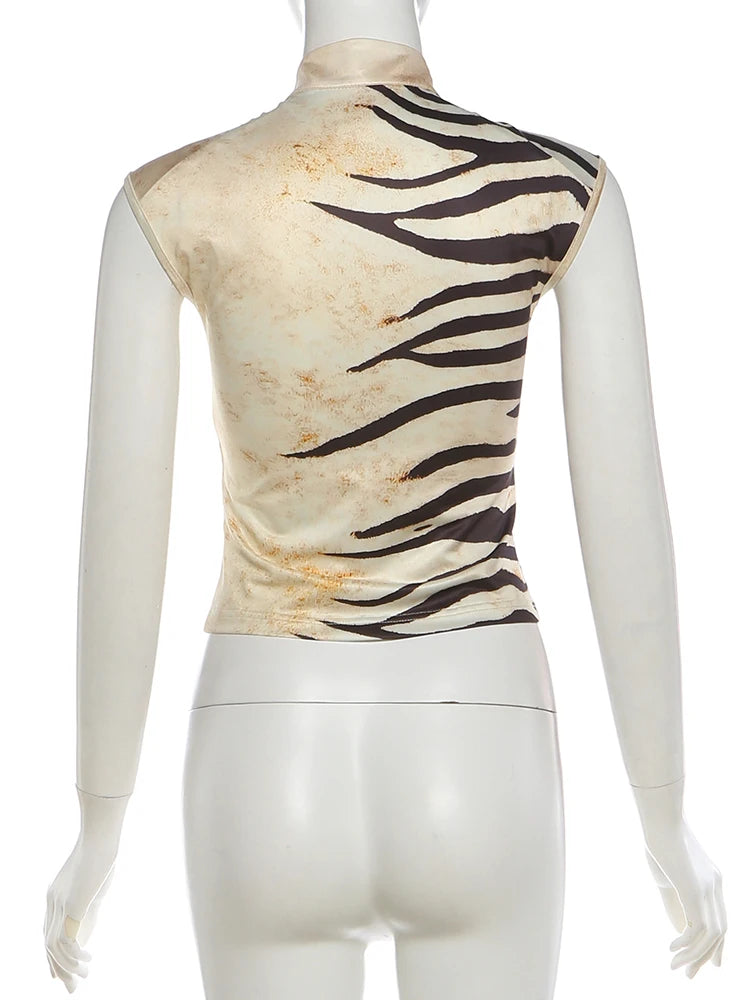 Tiger Print Top With Standing Collar And Tassel Details