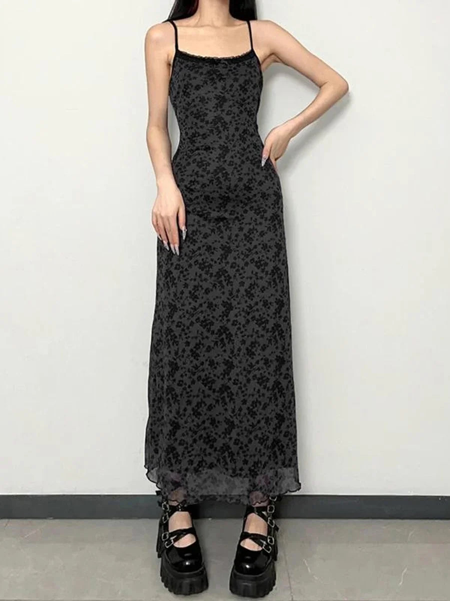 Floral Lace Trim Cami Maxi Dress Elegant Sleeveless Silhouette