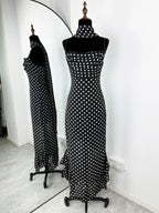 Elegant Polka Dot Halter Sleeveless Maxi Dress With Pleated Skirt And Ribbon Scarf