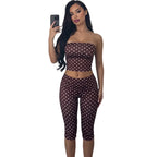 Brown Polka Dot Two-piece Set With Backless Wrap Top And Capri Shorts
