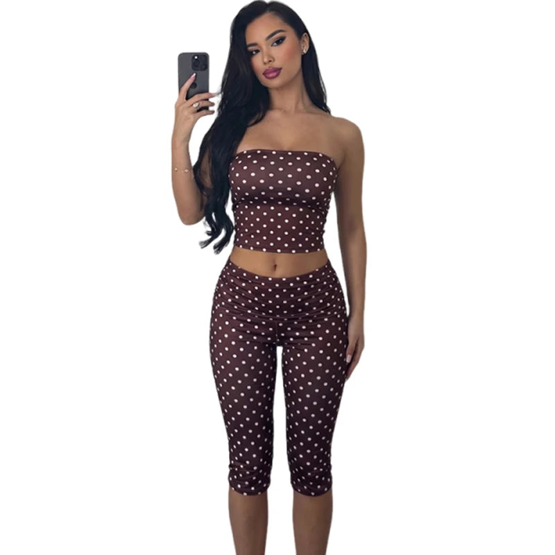 Brown Polka Dot Two-piece Set With Backless Wrap Top And Capri Shorts