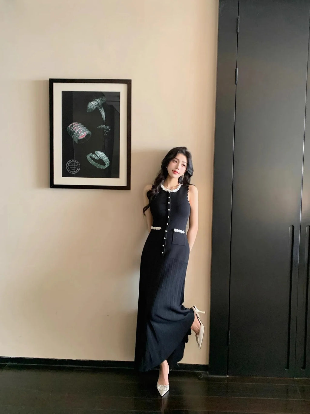 Floral Pearl Knit Maxi Dress Sleeveless O-Neck With Pleated Details