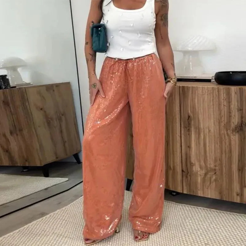 Sequined Solid Wide Leg Pants For Women With High Waist Loose Fit Trousers