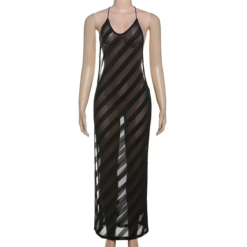 Mesh Halter Maxi Dress With See Through Bodice Sleeveless Backless