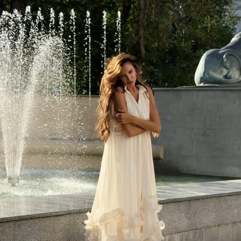 Ruffle Maxi Dress With Lapel V Neck Sleeveless Pleated High Waist