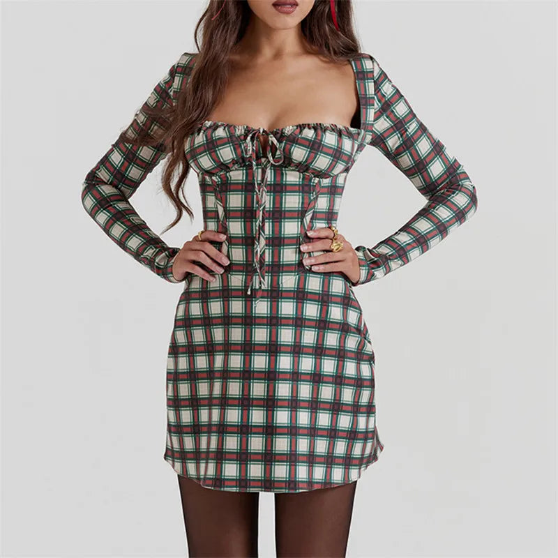 Women Lace Bodycon Mini Square Neck Long Sleeve Bustier Dress