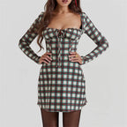 Women Lace Bodycon Mini Square Neck Long Sleeve Bustier Dress