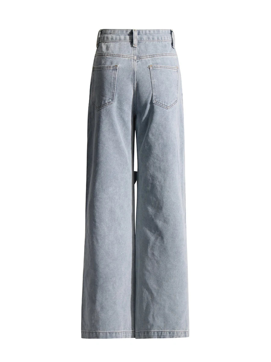Floral Design Sense Casual Denim Trousers For Women High Waist Spliced Button  Loose Wide Leg Pants