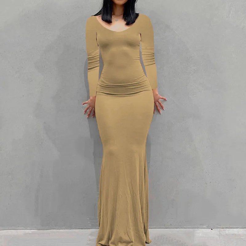 Long Sleeve Dress With Slim Silhouette And Flowing Maxi Skirt