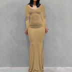 Long Sleeve Dress With Slim Silhouette And Flowing Maxi Skirt